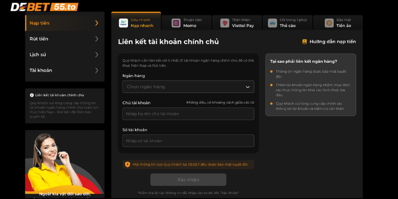 Đối với các phương thức nạp tiền tại DEBET 